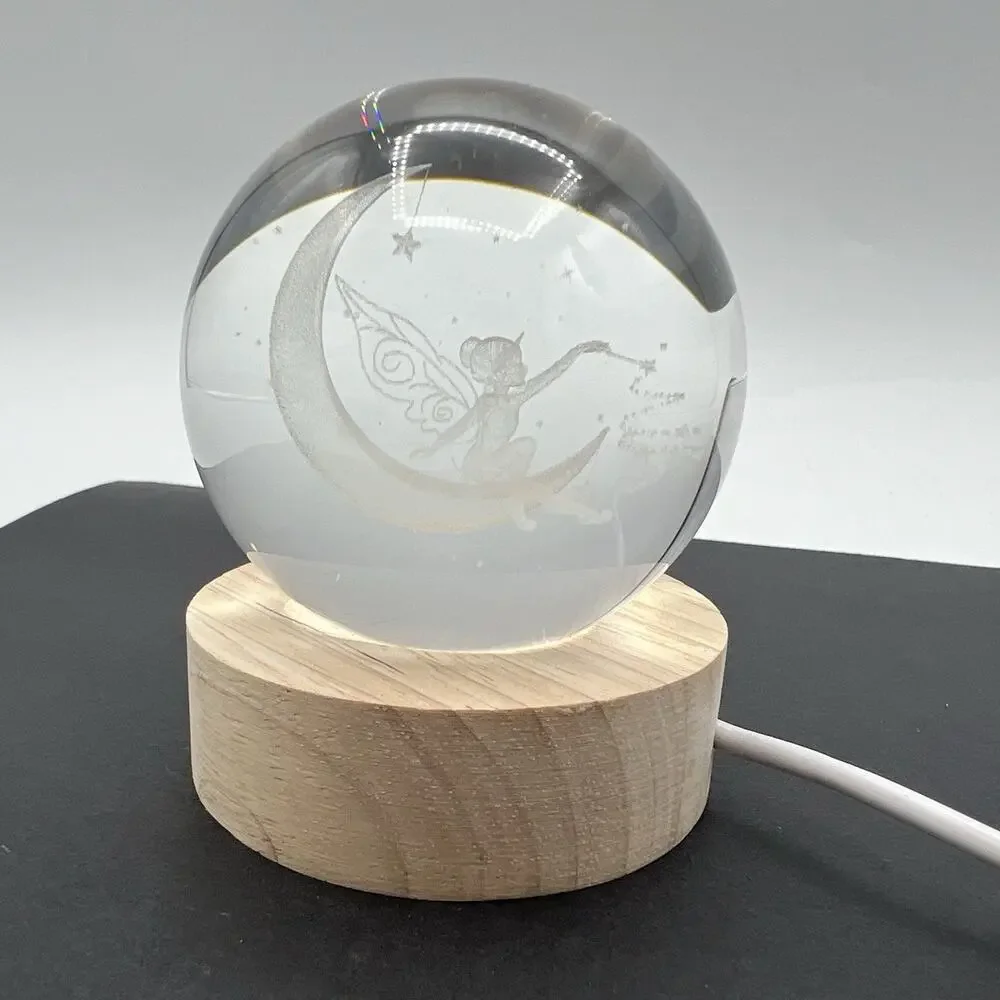 Lighted Tinkerbell Moon Fairy Glass Orb Ball Paperweight Night Light 2.5